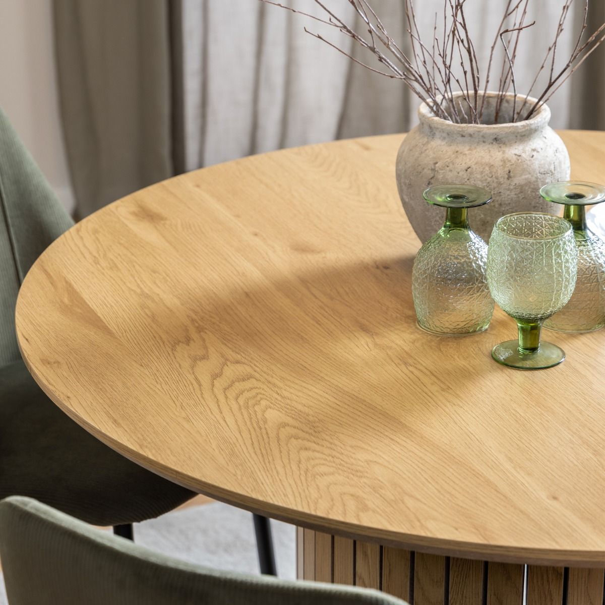 Yale Dining Table in Oak 120x120cm includes 4 Adele Dining Chairs in Light Brown Fabric