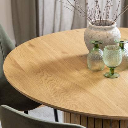 Yale Dining Table in Oak 120x120cm includes 4 Adele Dining Chairs in Light Brown Fabric