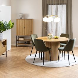 Yale Dining Table in Oak 120x120cm includes 4 Ines Dining Chairs in Olive Green