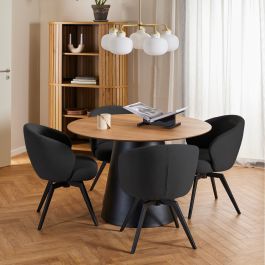 Soli Round Dining Table in Oak/Black 120x120cm includes 4 Darlene Dining Chairs with Armrest and Swivel Function in Black