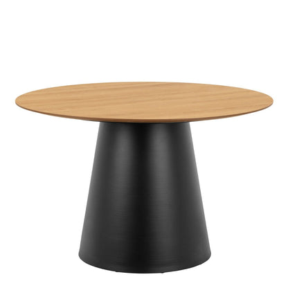 Soli Round Dining Table in Oak/Black 120x120cm includes 4 Darlene Dining Chairs with Armrest and Swivel Function in Beige
