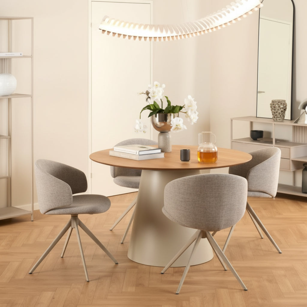 Soli Round Dining Table in Oak/Grey 120x120cm includes 4 Ella Swivel Beige Dining Chairs