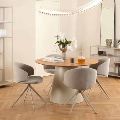 Soli Round Dining Table in Oak/Grey 120x120cm includes 4 Ella Swivel Beige Dining Chairs