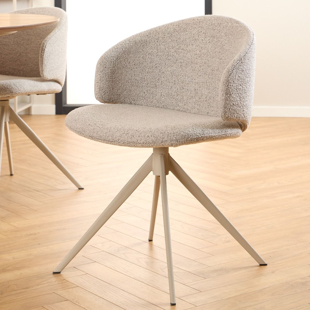 Soli Round Dining Table in Oak/Grey 120x120cm includes 4 Ella Swivel Beige Dining Chairs
