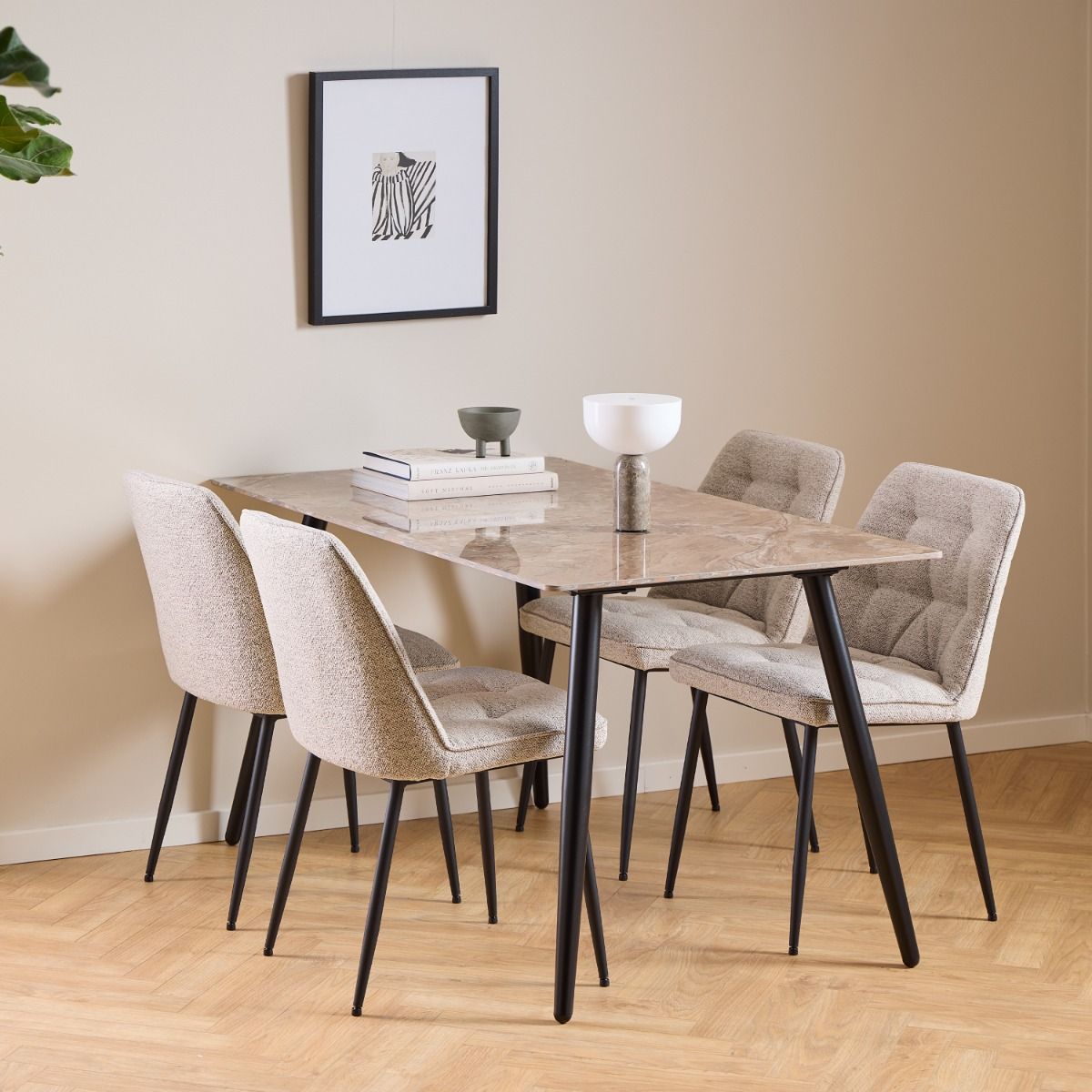 Wicklow Ceramic Dining Table Brown/Black 140-80cm includes 4 Brooke Dining Chairs in Monza Beige