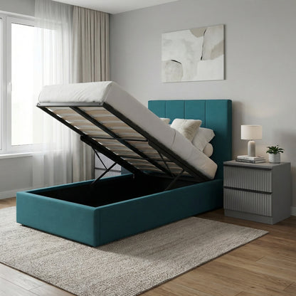 Single Ottoman Storage Bedframe – Dolphin Blue Fabric