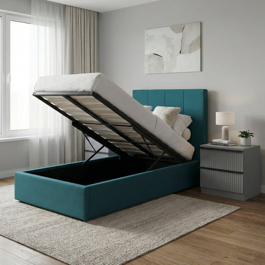 Single Ottoman Storage Bedframe – Dolphin Blue Fabric
