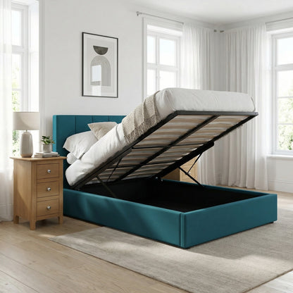 Double Size Ottoman Storage Bedframe – Dolphin Blue Fabric