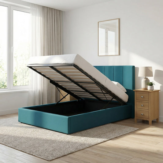Double Size Ottoman Storage Bedframe – Dolphin Blue Fabric
