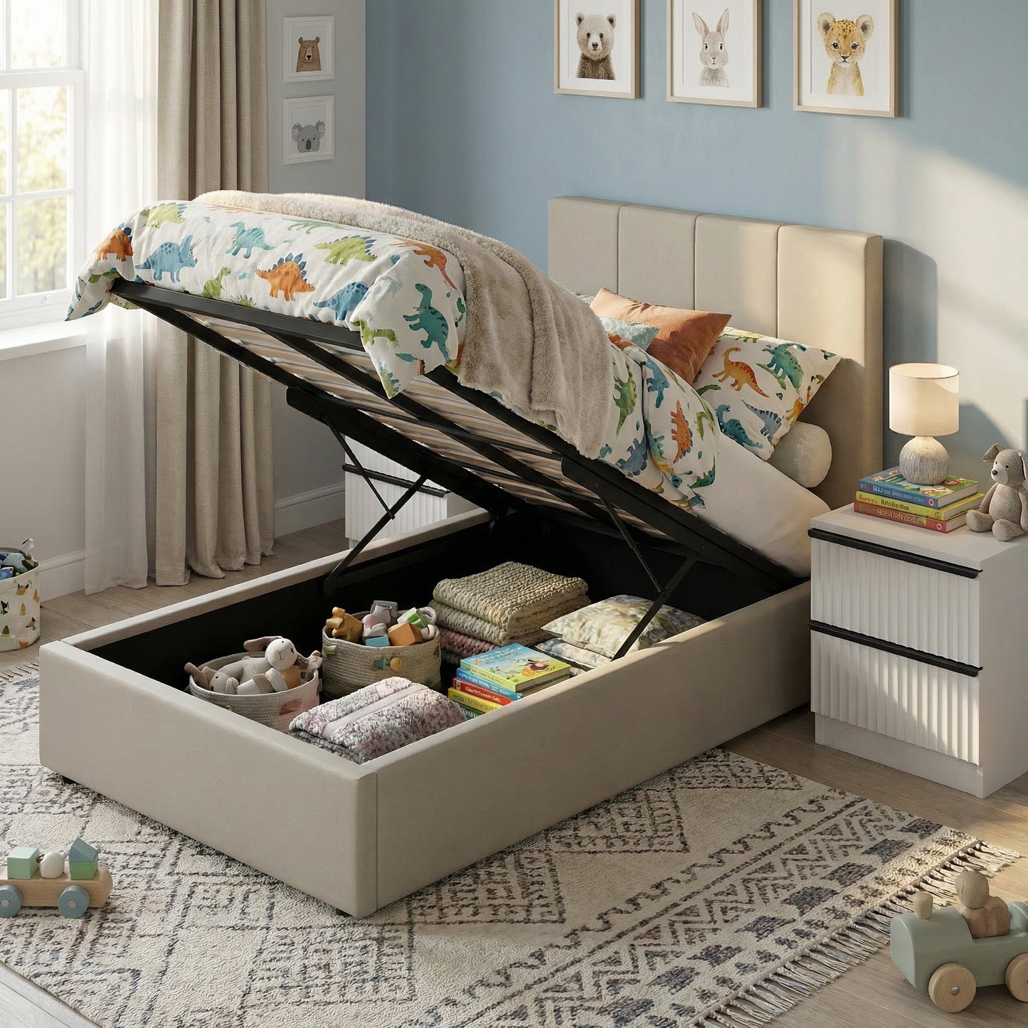 Single Ottoman Storage Bedframe – Oatmeal Fabric