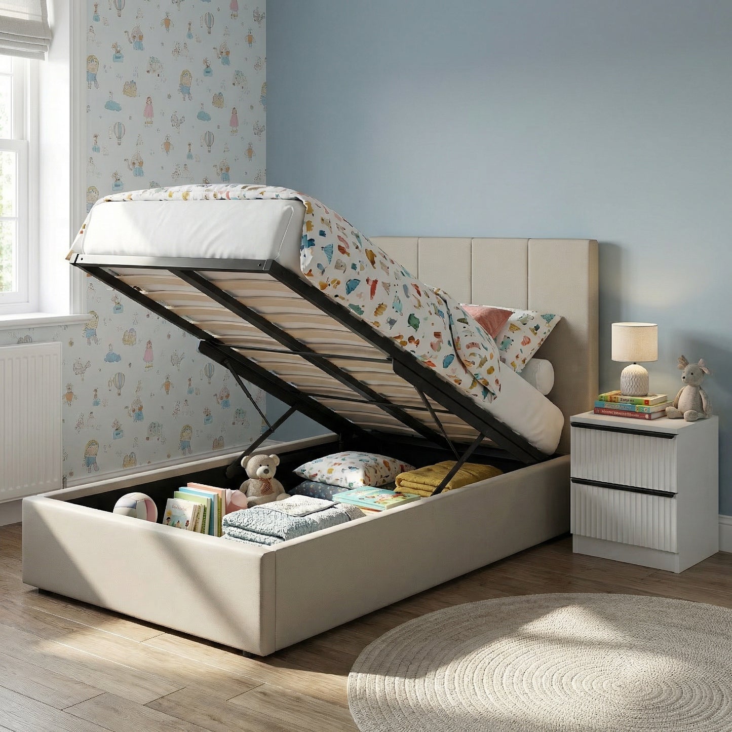 Single Ottoman Storage Bedframe – Oatmeal Fabric