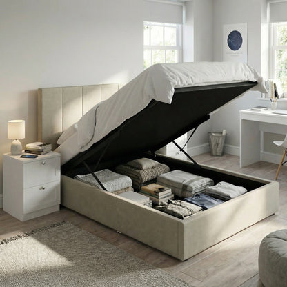 Double Size Ottoman Storage Bedframe – Marbled Sand Fabric