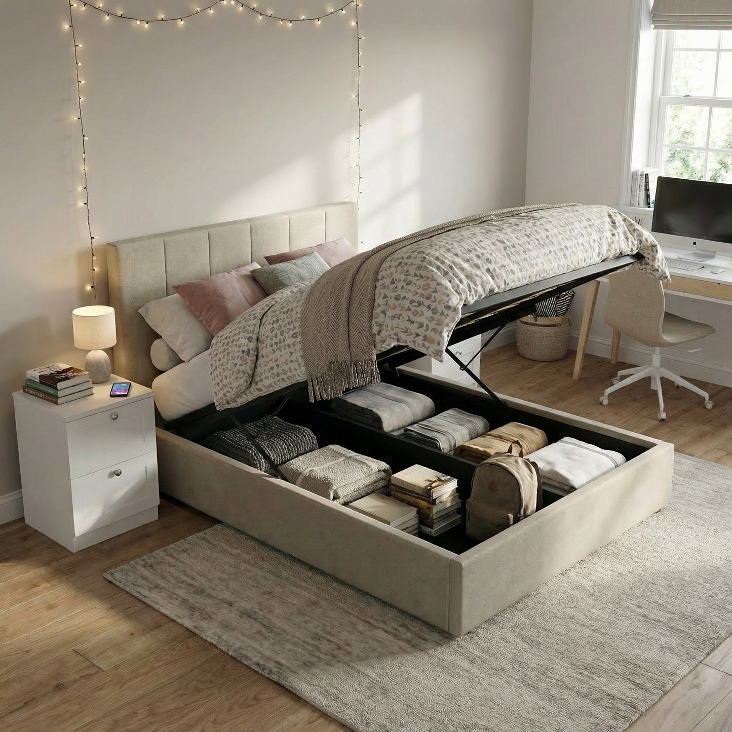 Double Size Ottoman Storage Bedframe – Marbled Sand Fabric
