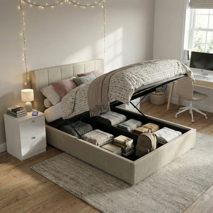 Double Size Ottoman Storage Bedframe – Marbled Sand Fabric