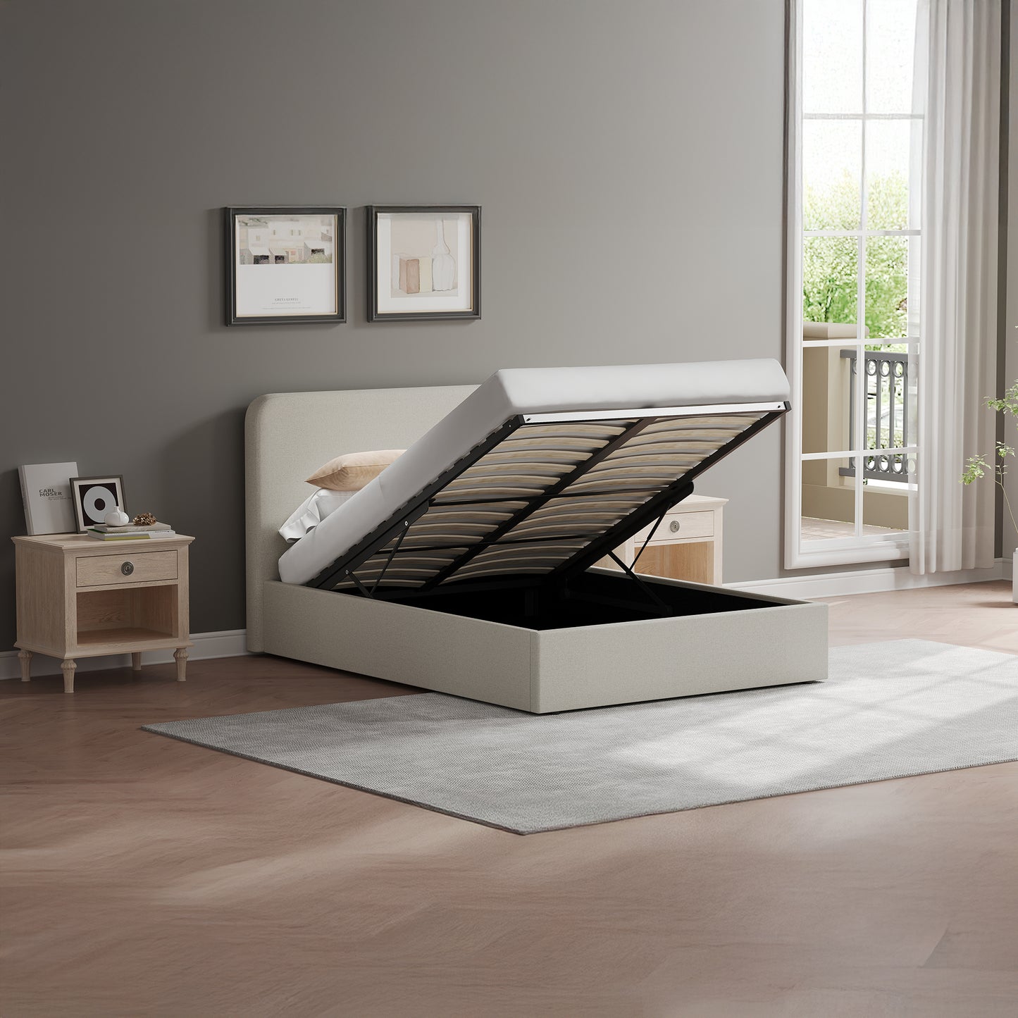Beige Fabric Small Double Ottoman Storage Bedframe