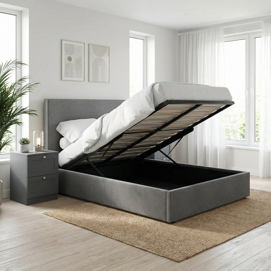 Small Double Ottoman Storage Bedframe – Fossil Grey Fabric