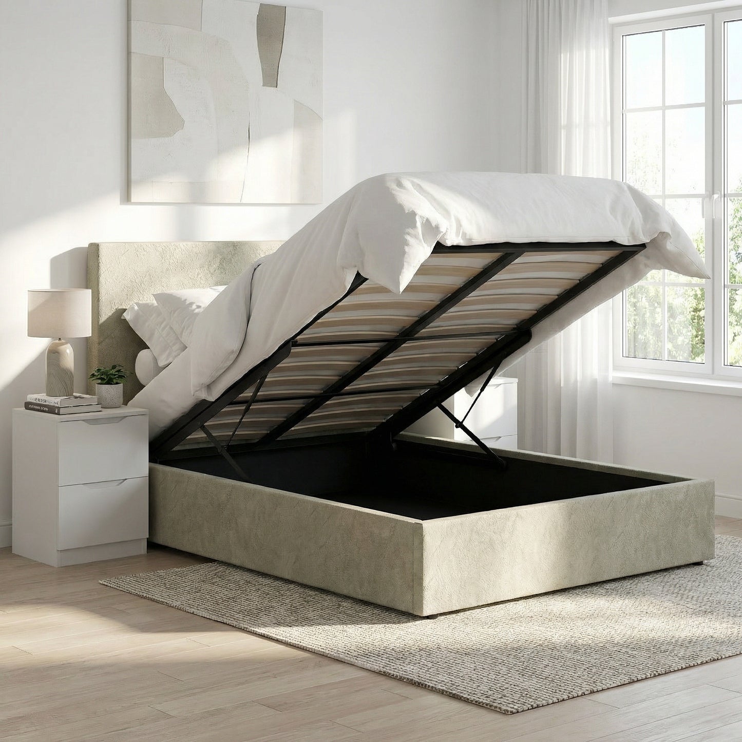 Small Double Ottoman Storage Bedframe – Marbled Sand Fabric