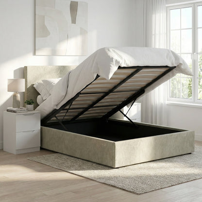 Small Double Ottoman Storage Bedframe – Marbled Sand Fabric