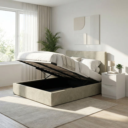 Small Double Ottoman Storage Bedframe – Marbled Sand Fabric