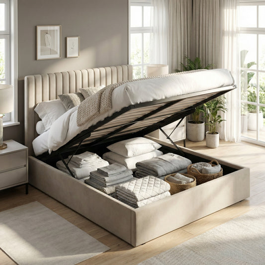 Double Size Tall Ottoman Storage Bedframe – Marbled Sand Fabric