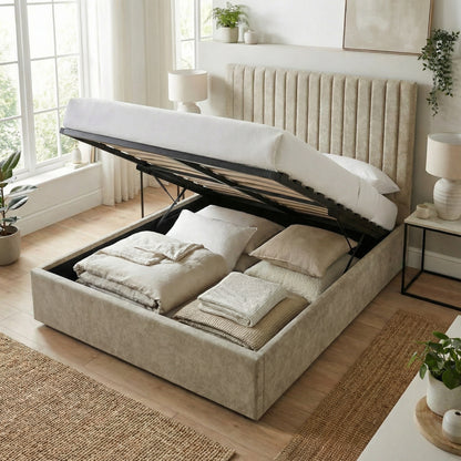Double Size Tall Ottoman Storage Bedframe – Marbled Sand Fabric