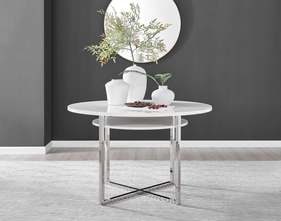 Adley Round Wood and Black Metal Storage 4 Seater Dining Table