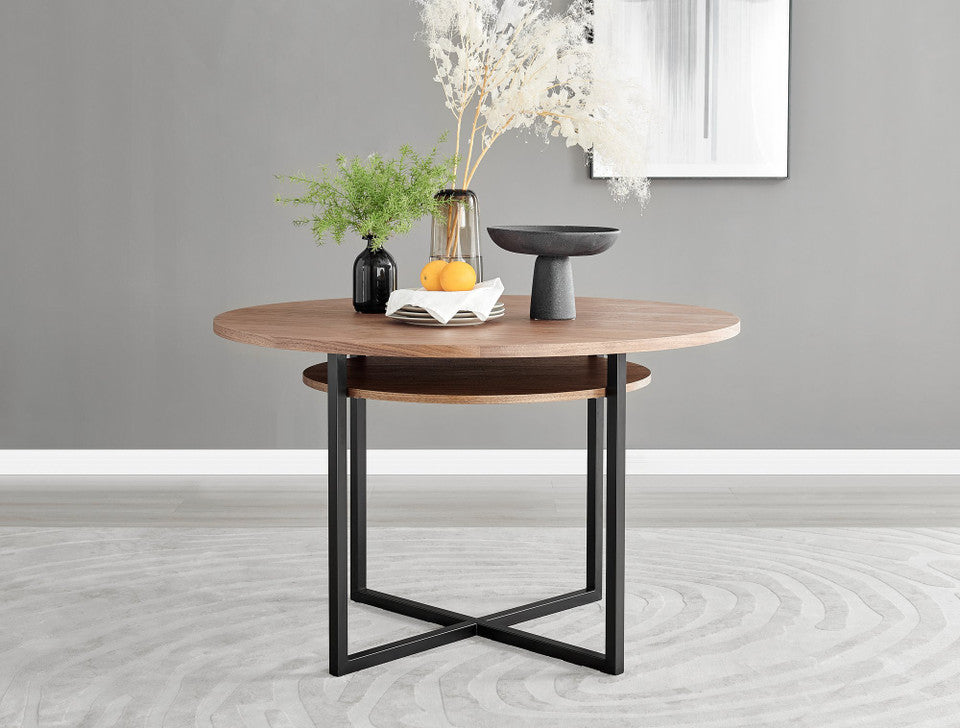 Adley Round Wood and Black Metal Storage 4 Seater Dining Table