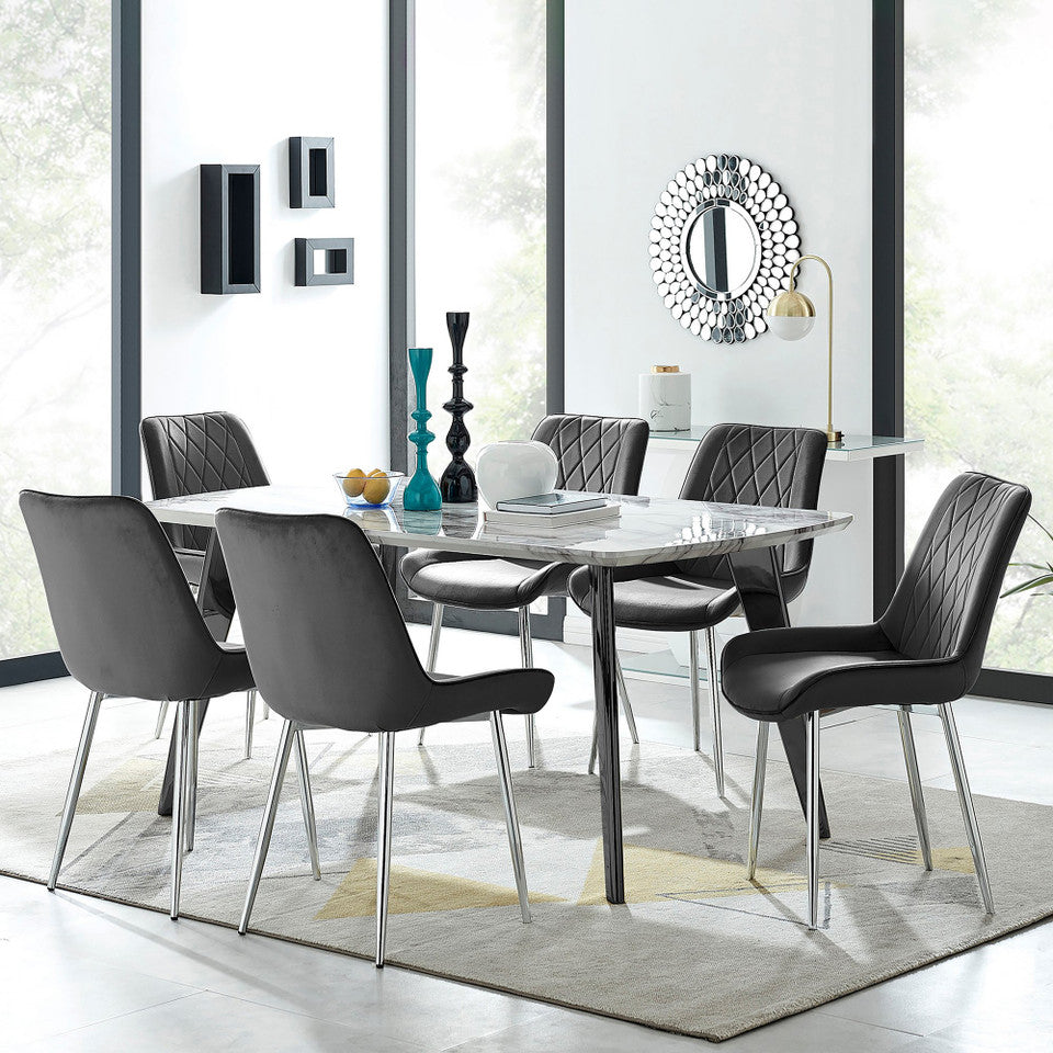 Andria Black Leg Marble Effect Dining Table and 6 Pesaro Silver Leg Chairs
