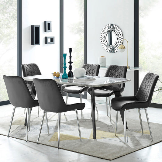 Andria Black Leg Marble Effect Dining Table and 6 Pesaro Silver Leg Chairs
