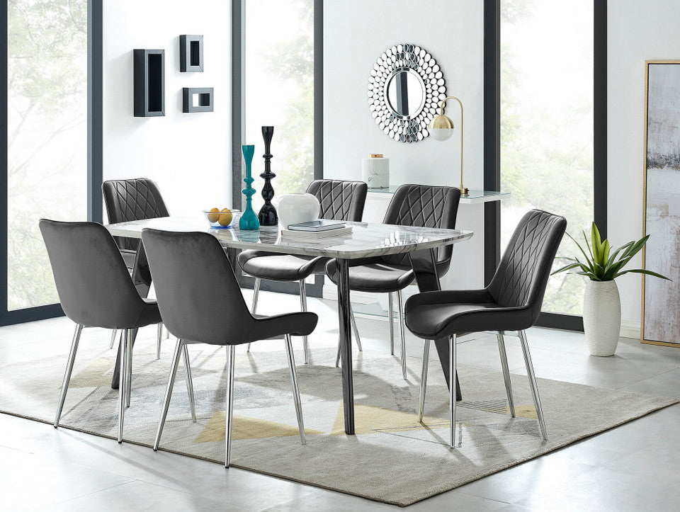 Andria Black Leg Marble Effect Dining Table and 6 Pesaro Silver Leg Chairs