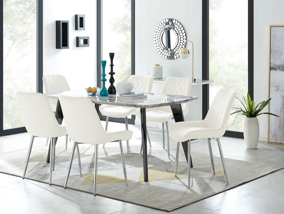 Andria Black Leg Marble Effect Dining Table and 6 Pesaro Silver Leg Chairs