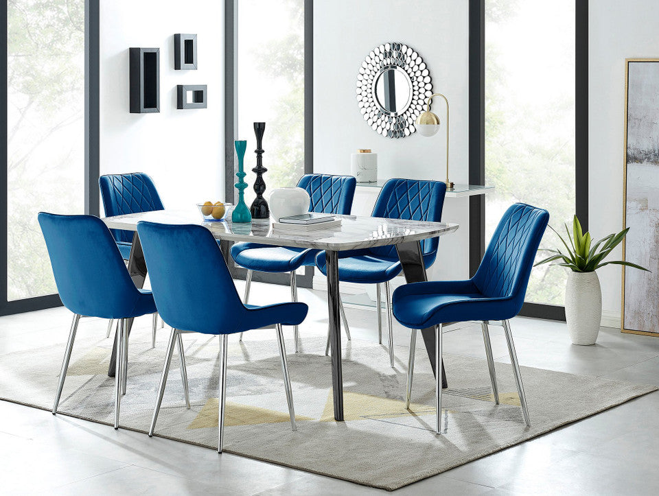 Andria Black Leg Marble Effect Dining Table and 6 Pesaro Silver Leg Chairs