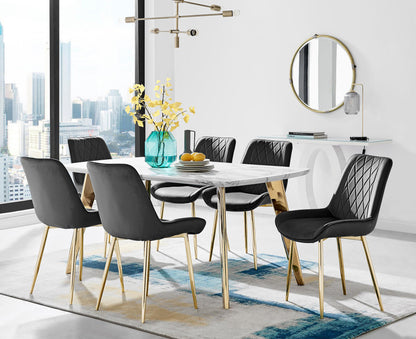 Andria Gold Leg Marble Effect Dining Table and 6 Pesaro Gold Leg Chairs