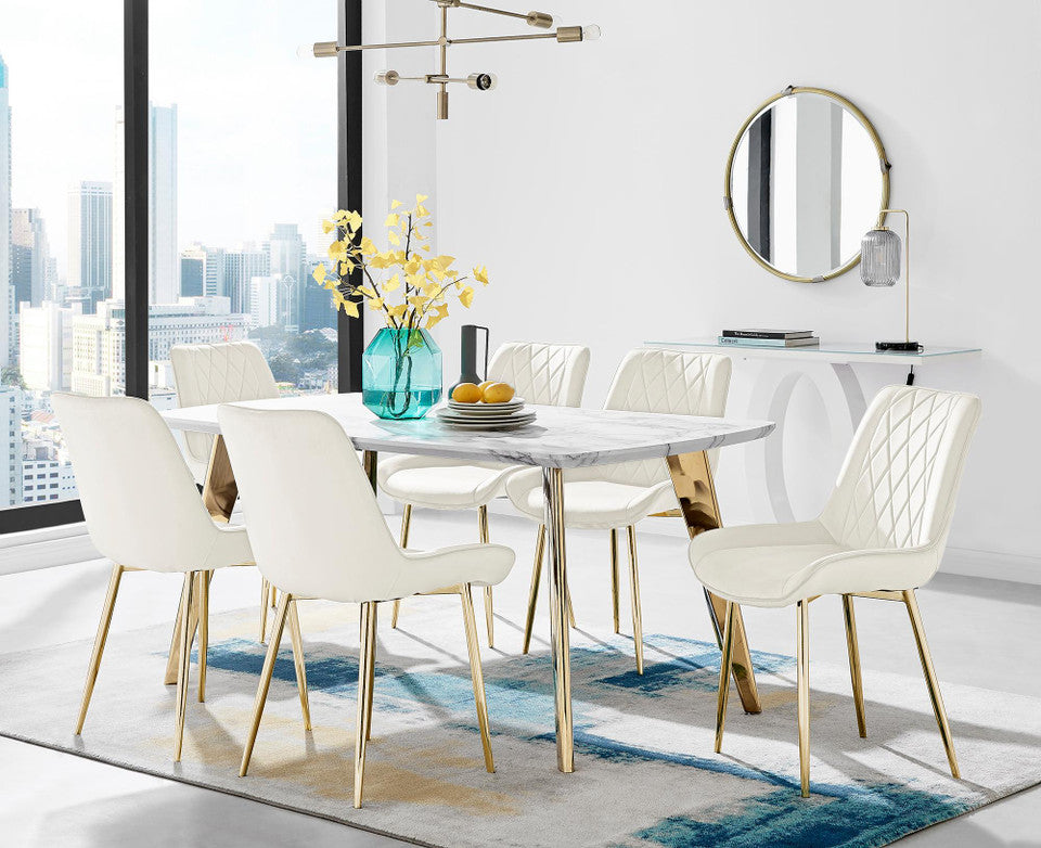 Andria Gold Leg Marble Effect Dining Table and 6 Pesaro Gold Leg Chairs