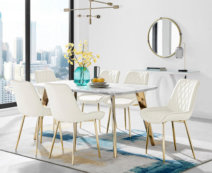 Andria Gold Leg Marble Effect Dining Table and 6 Pesaro Gold Leg Chairs