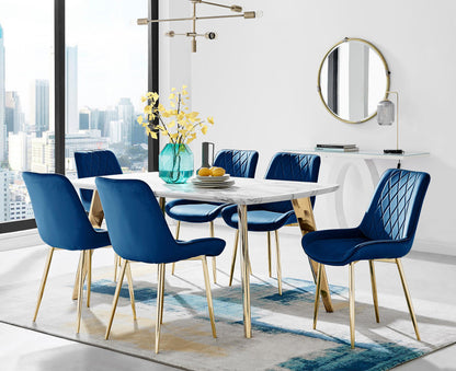 Andria Gold Leg Marble Effect Dining Table and 6 Pesaro Gold Leg Chairs