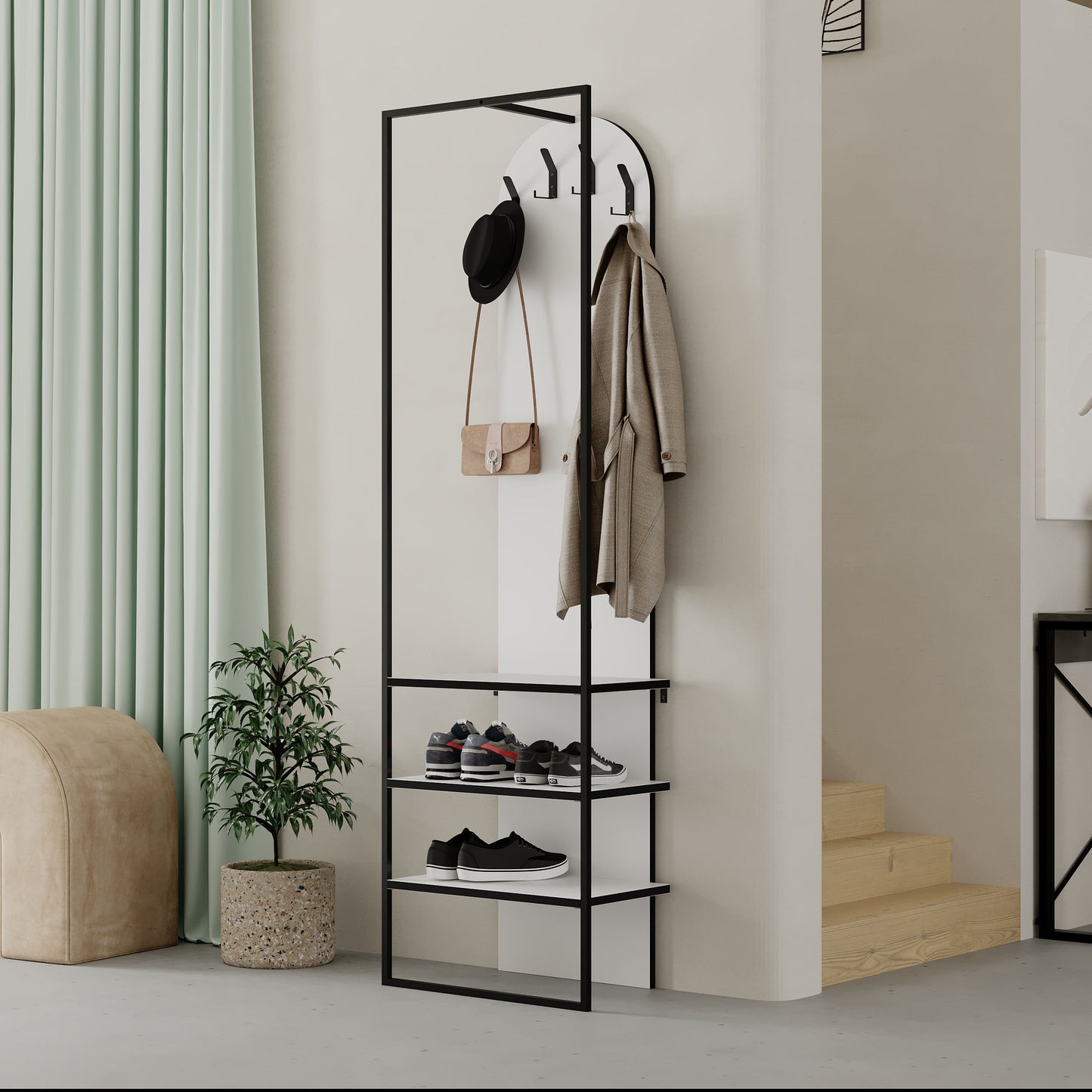 Modern Archy Hall Stand Coat Rack with Shoe Storage – White 180cm