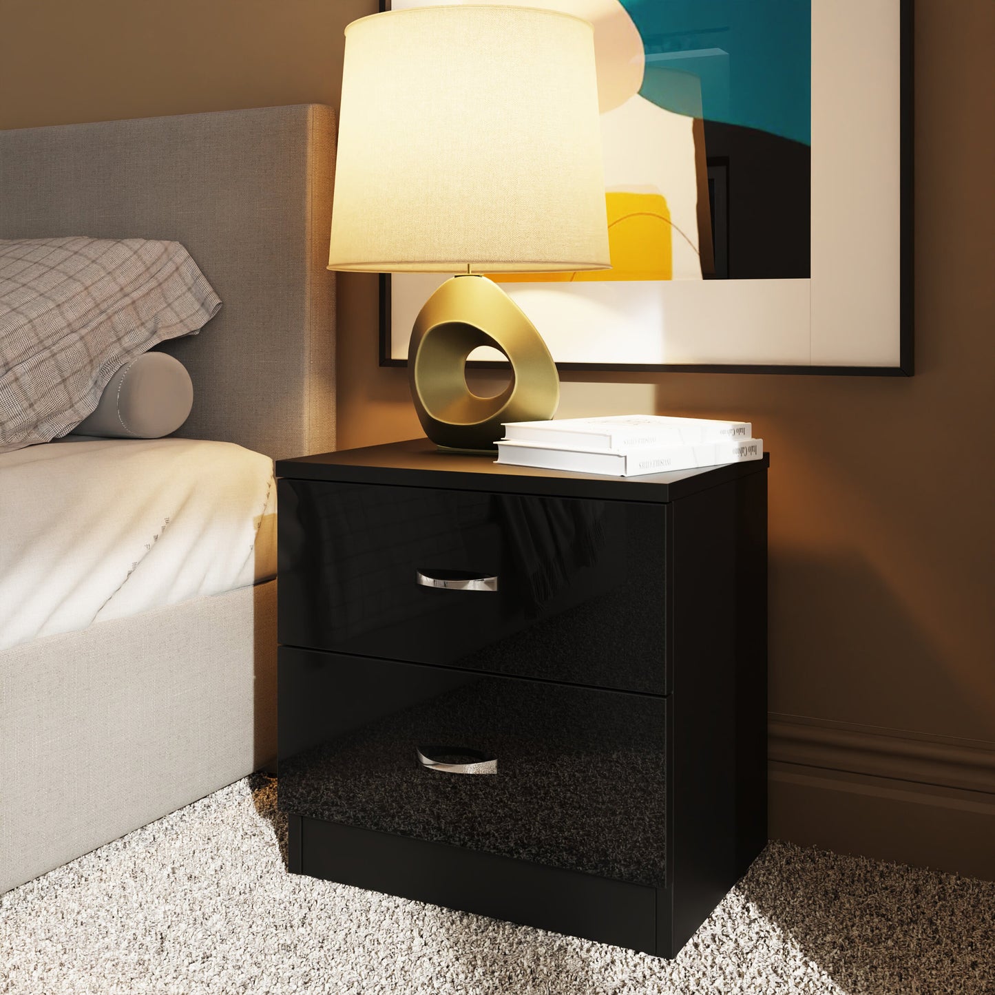 Pair of Chilton 2 Drawer Bedside Cabinets – Black Gloss Front