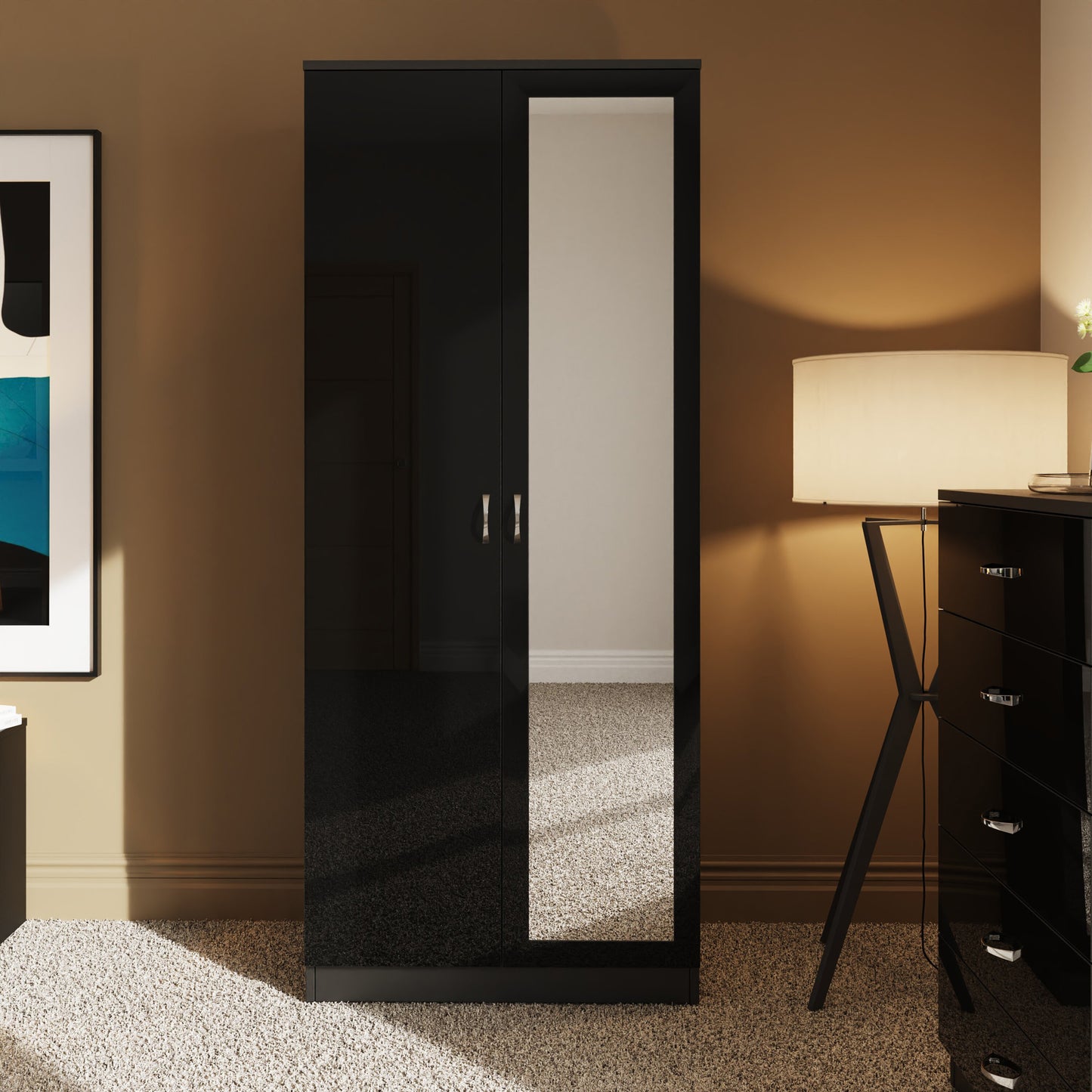 FWStyle Chilton 2 Door Wardrobe with Mirror – Black Gloss