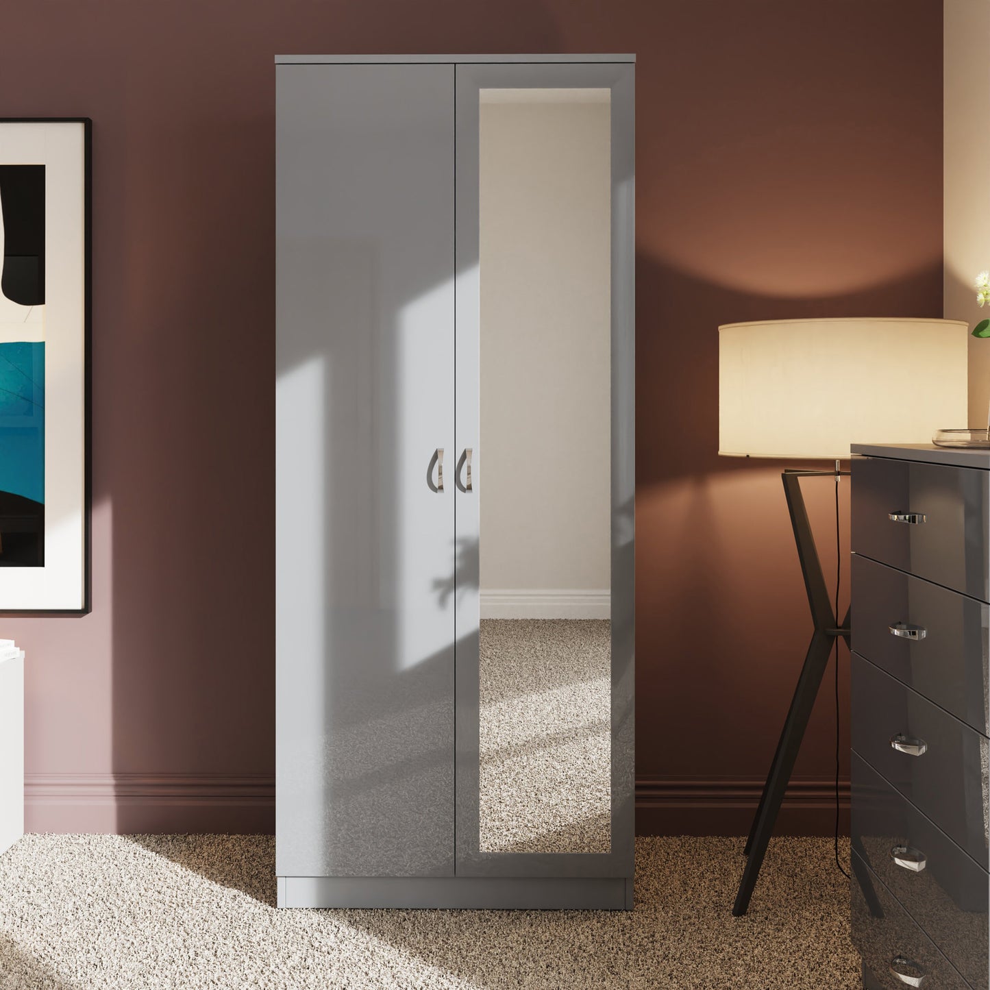 FWStyle Chilton 2 Door Wardrobe with Mirror – Grey Gloss