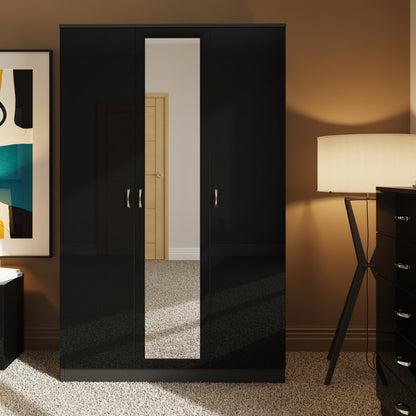 FWStyle Chilton 3 Door Wardrobe With Mirror – Black Gloss