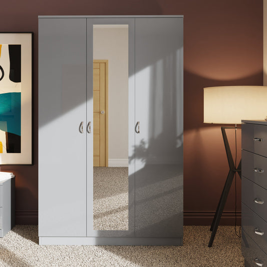FWStyle Chilton 3 Door Wardrobe With Mirror – Grey Gloss