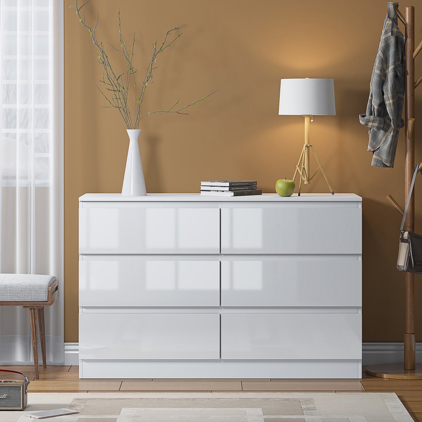 FWStyle Carlton 6-Drawer Wide Chest – White Gloss Front