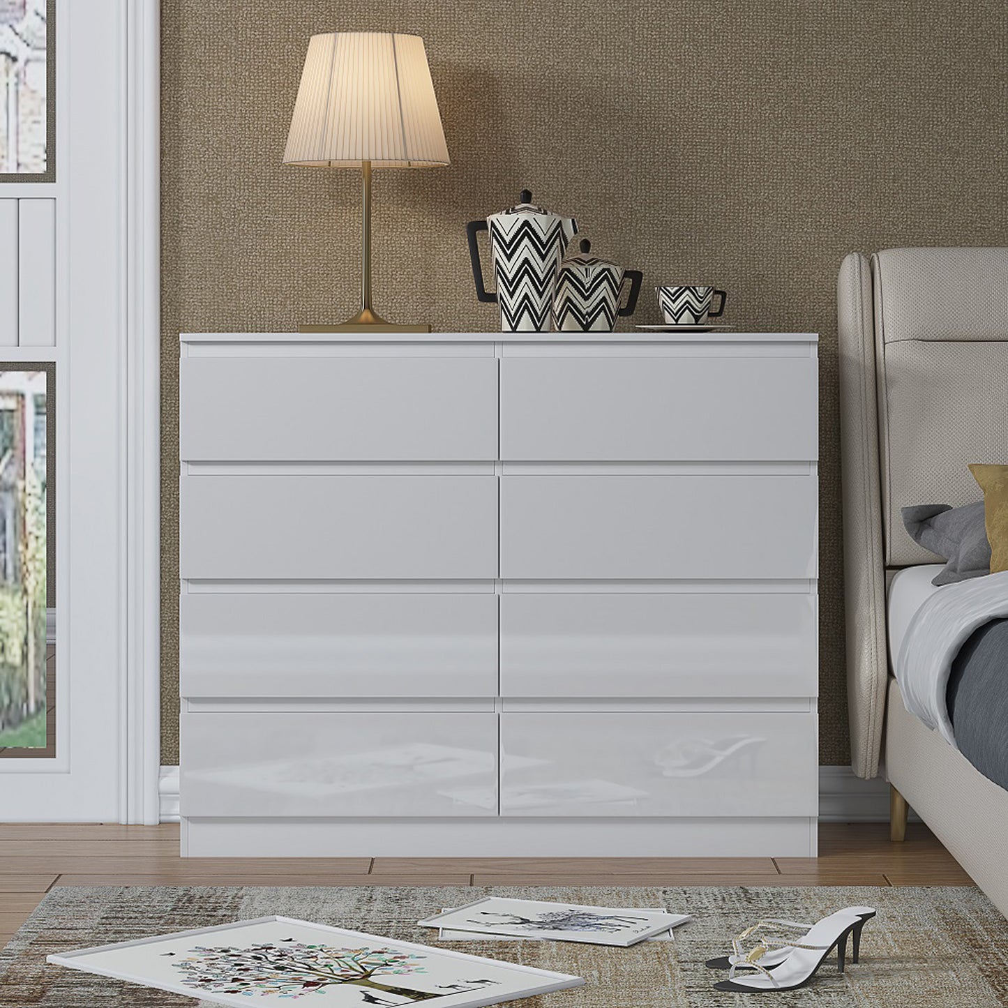 Carlton 8 Drawer Wide Chest of Drawers – White Gloss Front