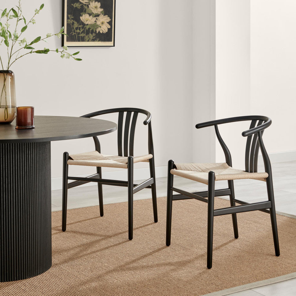 Leif Wood Rectangular Extending Table & 6 Caia Black Wishbone Oak Dining Chairs
