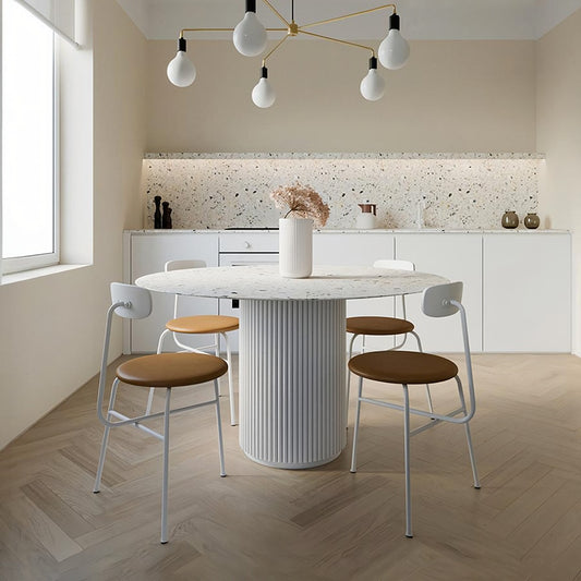 Cracky White Round Dining Table, Premium Terrazzo And Wood Base