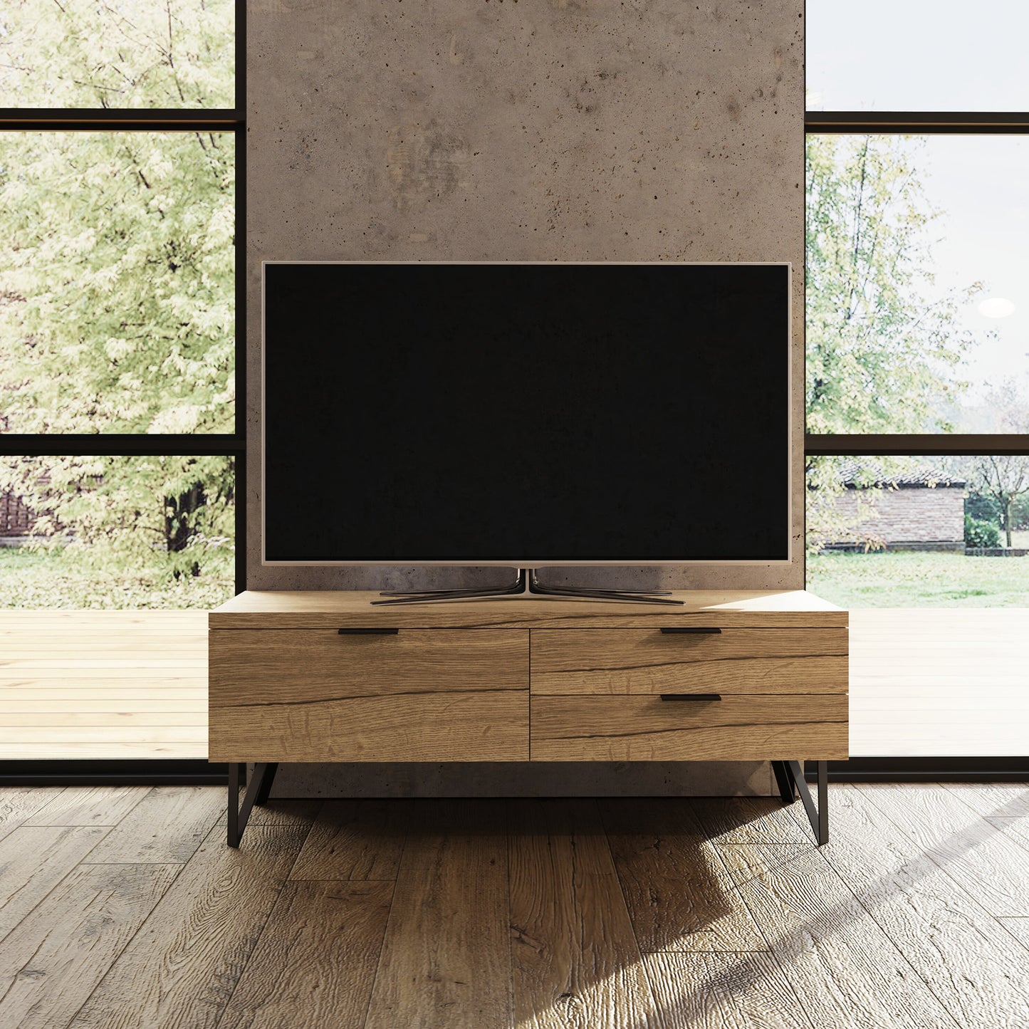 Fisso 3 Drawer Compact TV Unit – Cracked Oak with Quick Click Assembly