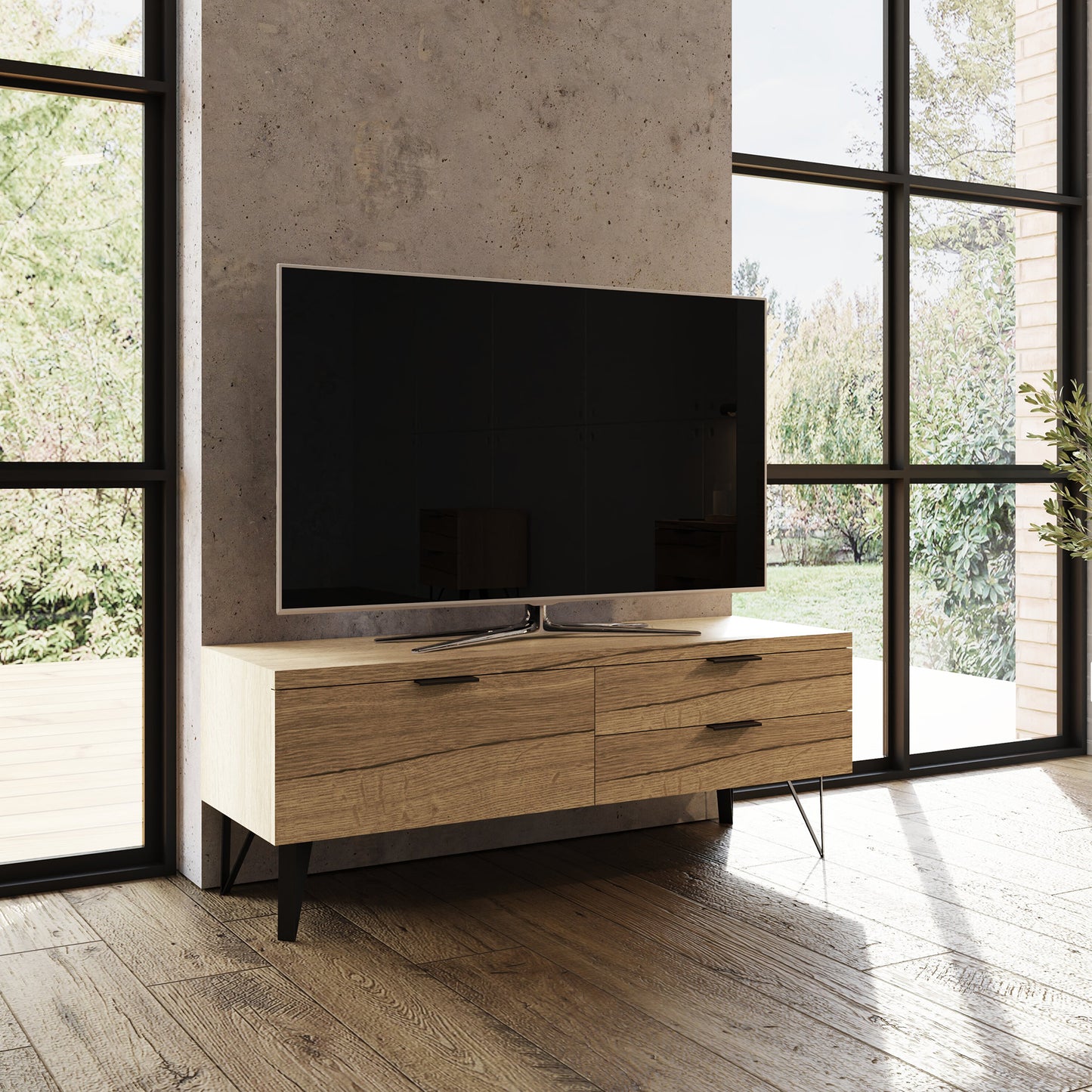 Fisso 3 Drawer Compact TV Unit – Cracked Oak with Quick Click Assembly