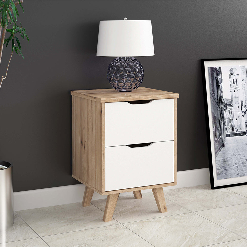 Forte Scandinavian 2 Drawer Bedside Cabinet – Matt White & Light Oak
