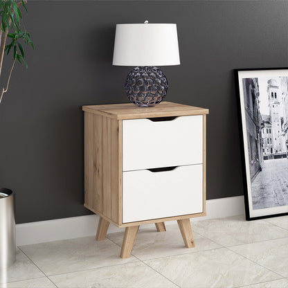 Forte Scandinavian 2 Drawer Bedside Cabinet – Matt White & Light Oak